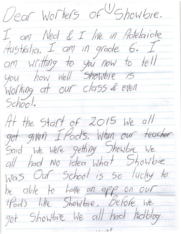 Page one of Ned's letter to Showbie