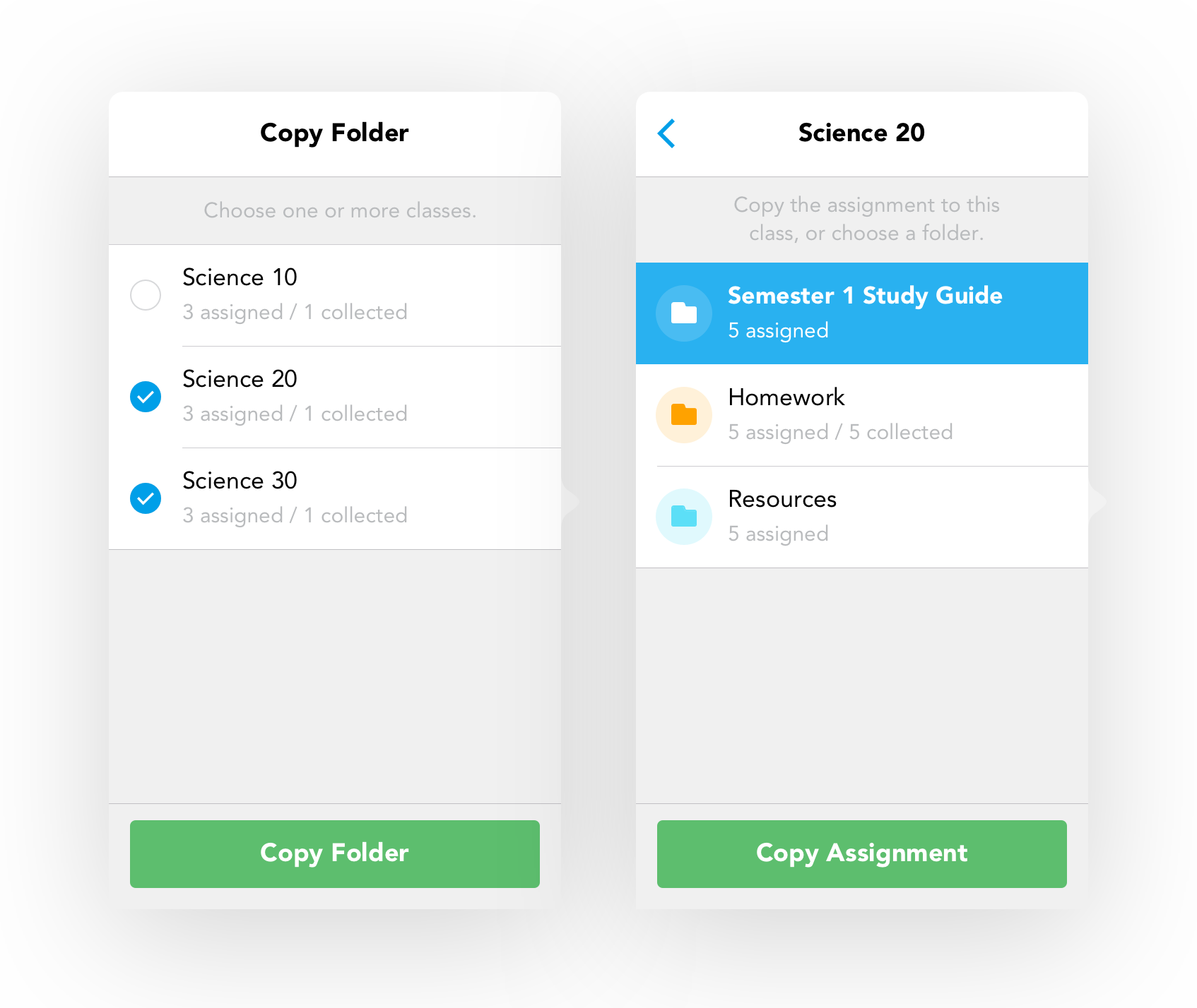 Copy and entire folder to another class, or copy an assignment directly to a folder within a class.